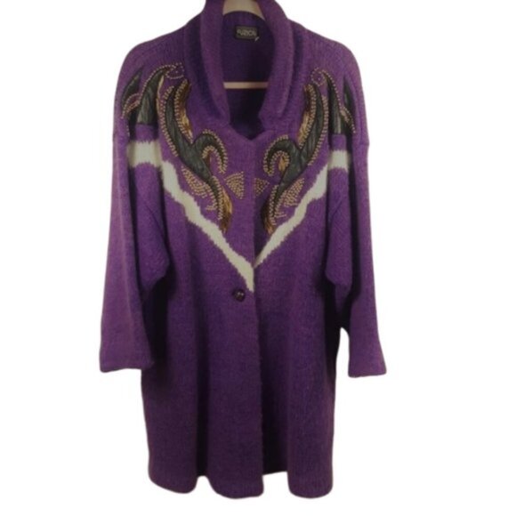 Vintage 80s long cardigan sweater jacket coat beads and applique - Picture 2 of 7